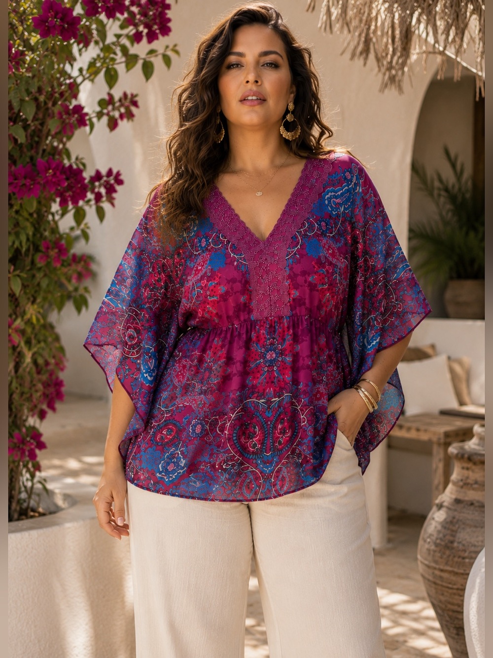 CONTEMPO By Penningtons V Neck Sheer Paisley Lace Trim Boho Blouse Sz 2X Purple